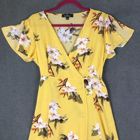 Lulus Heart Of Marigold Yellow Tropical Print Wrap Maxi Dress V Neck Costal - Picture 3 of 10